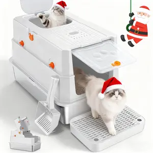 Extra Large Stainless Steel Cat Litter Box with Lid, 3-1 Detachable Design with Easy Access Steps, Non-Stick, Scratch & Odor Resistant，Anti-Leakage Covered Cat Litter Pan with Litter Scoop, Filter Pedal, Odor Free, Front and Top Dual Entry