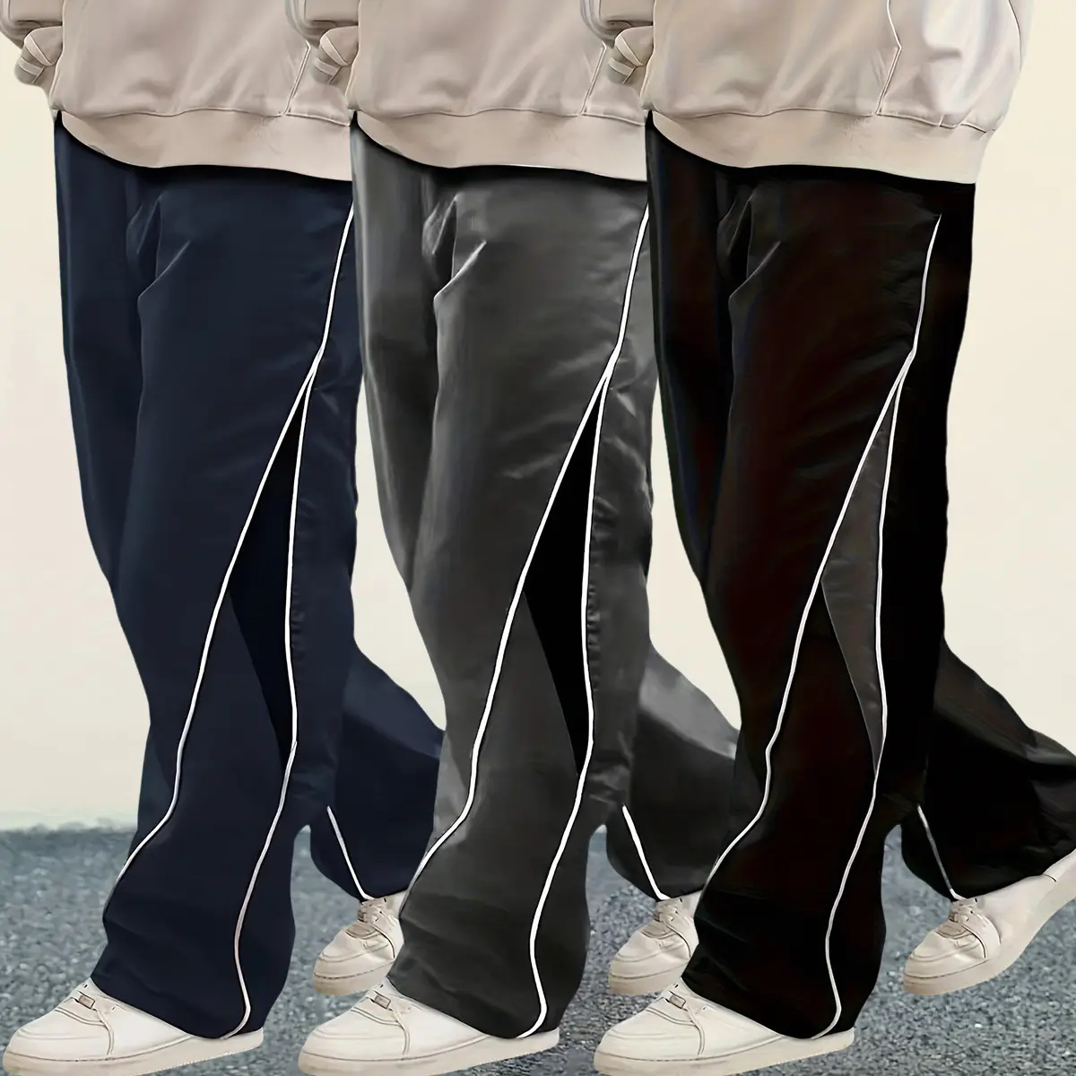 Baggy Parachute Joggers for Men, 3-Pack Casual Soft Fitness Trousers with Drawstring Waist and Pockets, Soft Jogger Trousers, Basics, Stripped Pattern, Sporty Chic, Fitted, Drawstring Waist Adapts To Your Day, Full Length, Elastic Waistband, Polyester