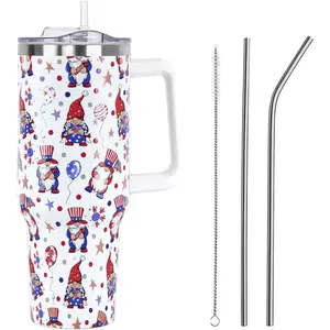 4th July Gnomes Tumbler with Handle and Straw Lid 40 oz,Cute Summer Patriotic Gift for Women Men Patriotic Gnomes Vacuum Insulated Leak Proof Stainless Steel Coffee Cup Mug