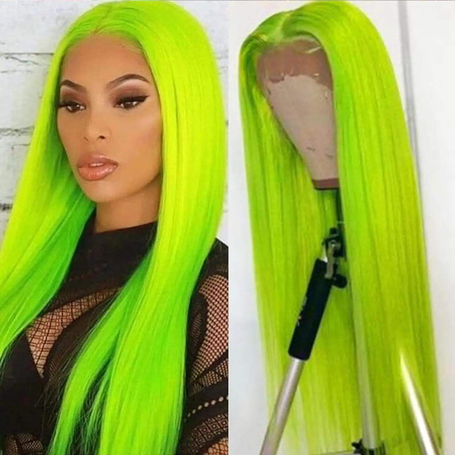 Women's Heat Resistant Synthetic Lace Front Wig - Neon Green/Bright Yellow Fluorescent Green, Long Straight Glueless Wig with Pre-Plucked Natural Hairline for Fashion Use