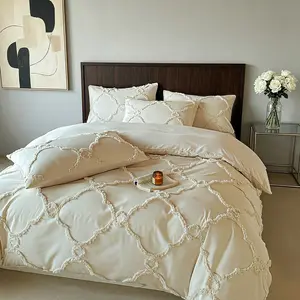Luxury-sleek textured plush checkered duvet cover set (2/3 counts: 1 duvet cover + 1/2 pillowcase), Comfy bed sets, neutral khaki color, Bohemian-style bedding, suitable for all seasons, 9 different sizes, suitable for bedrooms, guest rooms, inn