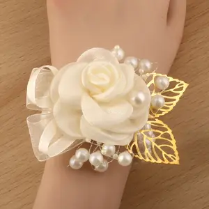 8pcs Bridesmaid Wedding Wrist Flower for Bride Elegant Ivory Rose with Golden Leaf Bead Wedding Stretchy Pearl Wrist Flower for Prom Graduation Season Spring Wristlet Accessory