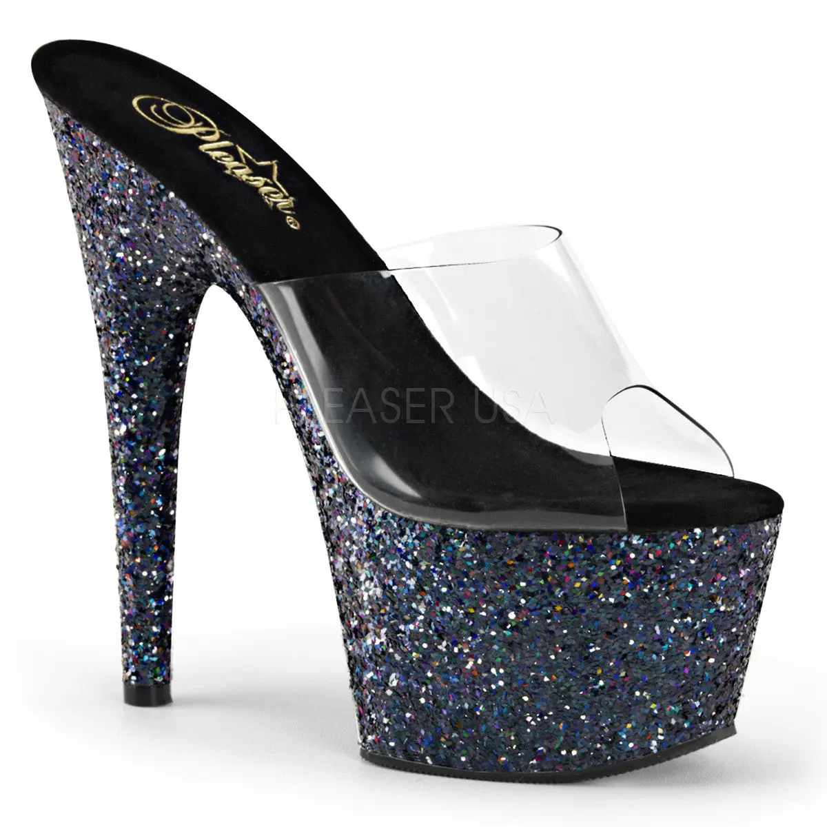 Women's Fashion High Heel Shoe - 7-in Stiletto, ADORE-701LG Black Glitter Platform Footwear