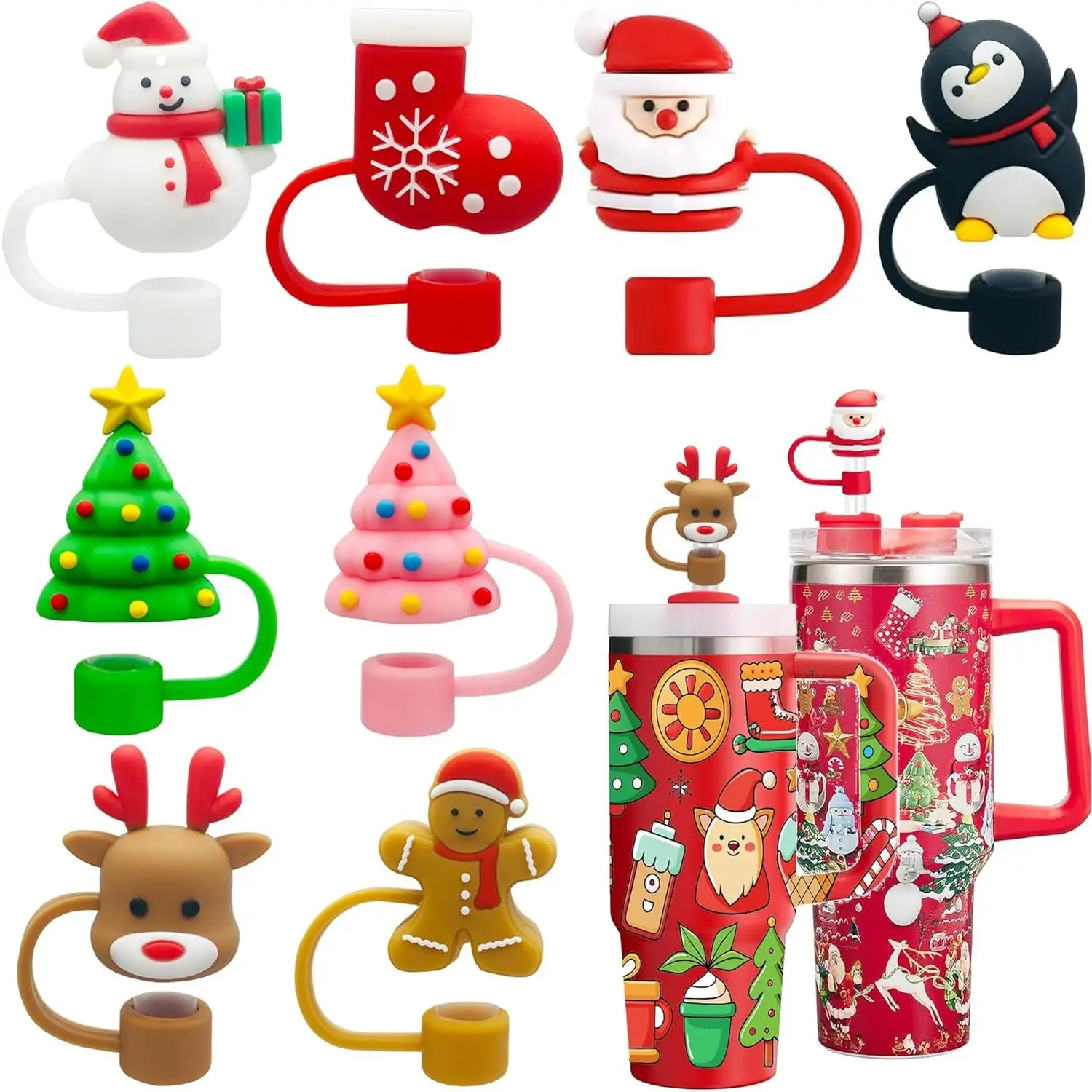 Cup 8 count 3D Santa Claus Christmas Tree Straw Cover - Reusable Soft Silicone Toppers for 10mm Straws
