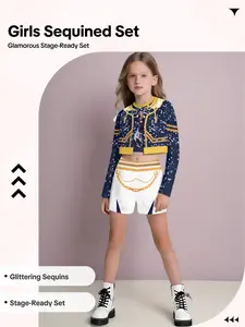Girls' Long Sleeve Short Pants Set, Punk Style Fitted Suit Without Collar & Button, All-Over Print Design, Perfect for Stage Performances
