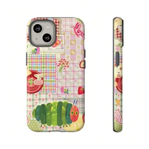 Quirky patchwork phone case, designed with 'The Very Hungry Caterpillar,' fruit, and floral stickers, compatible with iPhone 17/16/15/14/13/12/11/X/XS/XSMAX/XR/7P/8P series. This is the perfect holiday gift for friends, family, or yourself.
