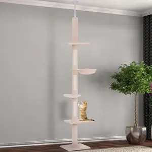 102" Adjustable Height Floor to Ceiling Cat Tree 5 Level Tower with Scratching Posts Hammock Beige Secure Robust Design for Feline Friend