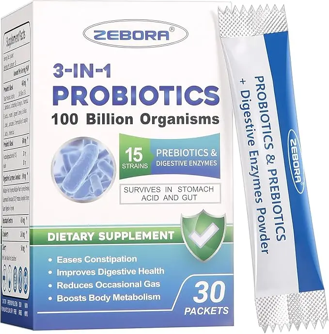 ZEBORA Probiotic Powder for Women & Men, 100 Billion CFU, 30 Packets | 15 Strains With Prebiotics & Enzymes For Digestive And Immune Support, Shelf-Stable, Easy-To-Mix Single-Serve Packets