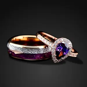 2 PCs Engagement Ring Set | Gold Plated Ring for Women | Tungsten Wedding Band for her