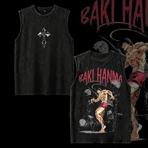 Menswear Baki Hanma Anime Short-Sleeve T-Shirt - Vintage Washed Distressed Graphic Casual Tee, Oversized Cotton Streetwear, Unisex Japanese Fighter Gift T-Shirt, 90s Style