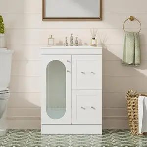 24" Modern Bathroom Vanity with Ceramic Basin, Undermount Vanity Sink Cabinet with 1 Door and 2 Drawers, Free Standing Bathroom Storage Cabinet with Sink Combo Set, Ivory