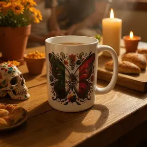 Mexican Flag Butterfly Mug – 15oz Ceramic Coffee Cup | Colorful Floral Monarch Butterfly Design | Mexican Pride Statement Mug