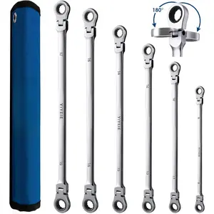 6 count Extra Long Flex  Ratcheting Wrench Set, Metric Long Wrench 8mm - 19mm, 72- Double Box End Wrenches, Chrome Vanadium Steel with Mirror Polish Finish, Rolling Pouch