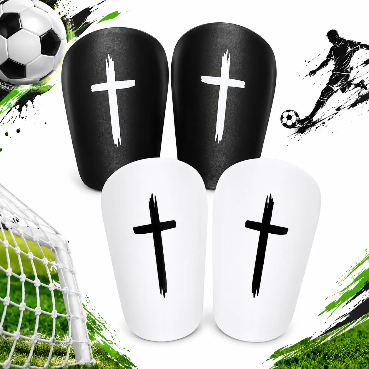 2 Pairs Cross Print Mini Football Shin Guards, Black & White Ultra Mini  Lightweight Breathable, Short-Sock Fit,Ergonomic Design for Kids, Youth & Adults, Training Use.