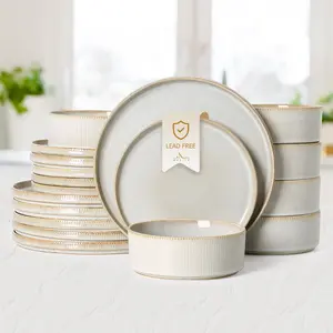 Ceramic Dinnerware Sets for 6, 18 count Stoneware Plates and Bowls Sets, Reactive  Dish Set, Chip and Scratch Resistant Double, Microwave and Dishwasher Safe, Beige