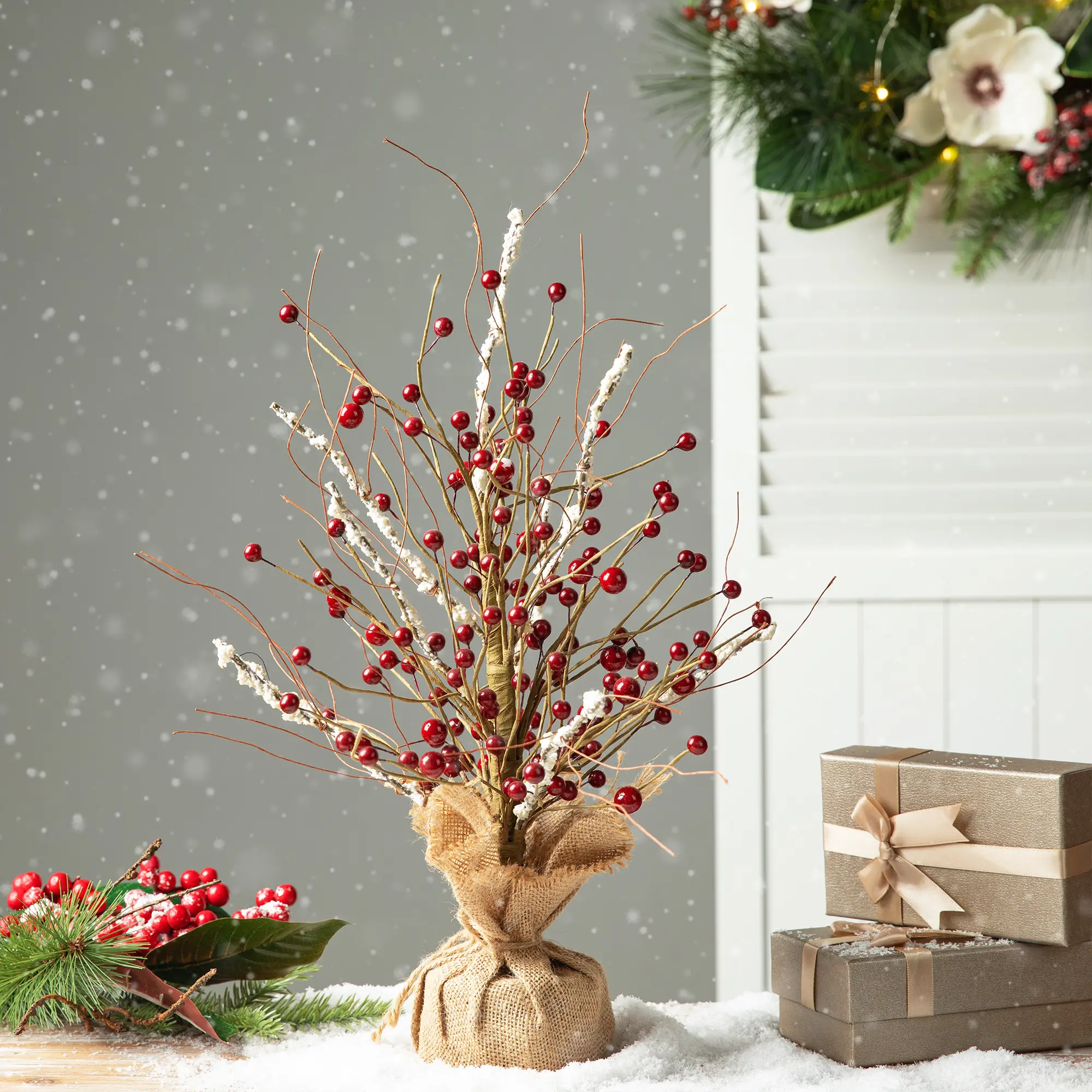 【Christmas in July】 Glitzhome 16"H Christmas Red Berry Table Tree Decor