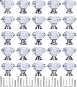 30-Pack 30mm Silver Crystal Glass Drawer Knobs, Diamond-Shaped Cabinet Pull Handles