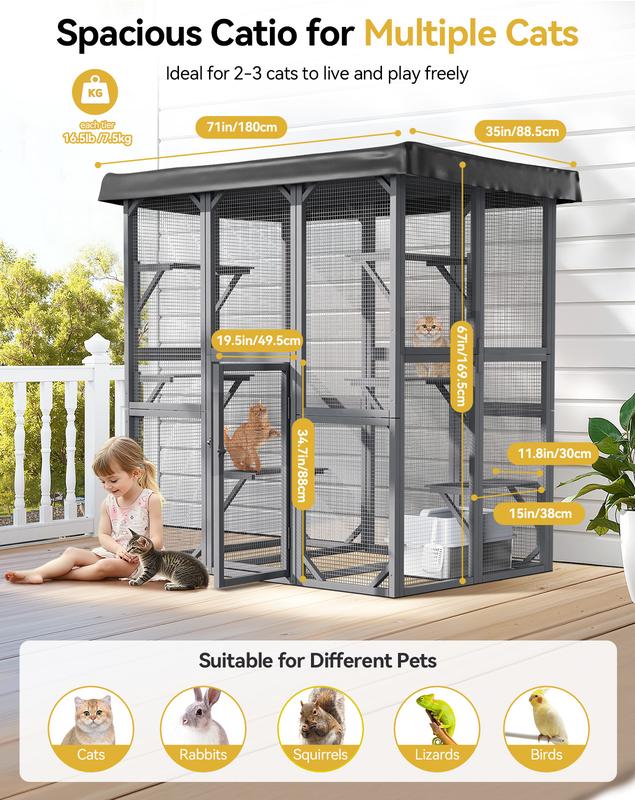 Outdoor Cat Enclosure Large Cat House for Mulitiple Cats Walk in Kitty Cage with Tarp Roof Cat Enclosures, with Upgraded Resting Box,Waterproof Roof, 71" *35''*67'', Pet Valentine's Day
