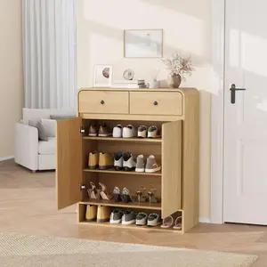 31.5" Slim Natural Oak Wooden Shoe Storage Cabinet with Adjustable Shelves, 2 Drawers & Bottom Shelf, Freestanding Modern Space-Saving Organizer Perfect for Entryway and Hallway, Rack
