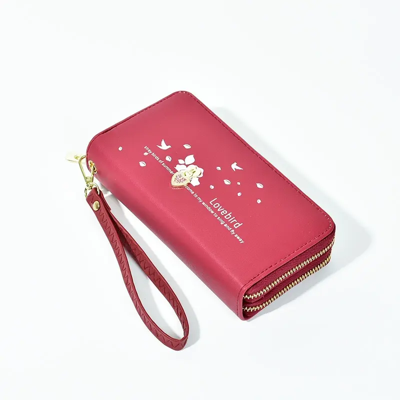 Long Wallets for Women, Elegant Lovebird Print PU Leather Clutch with Rhinestone Heart, Double Zipper and Removable Wrist Strap