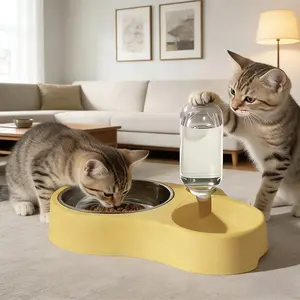 1-Piece Feeding Bowl, 2-in-1 Automatic Cat Feeder with Auto Water Refill. Made of durable plastic with an easy-clean design. Suitable for multi-cat households, cats, and dogs. No batteries required