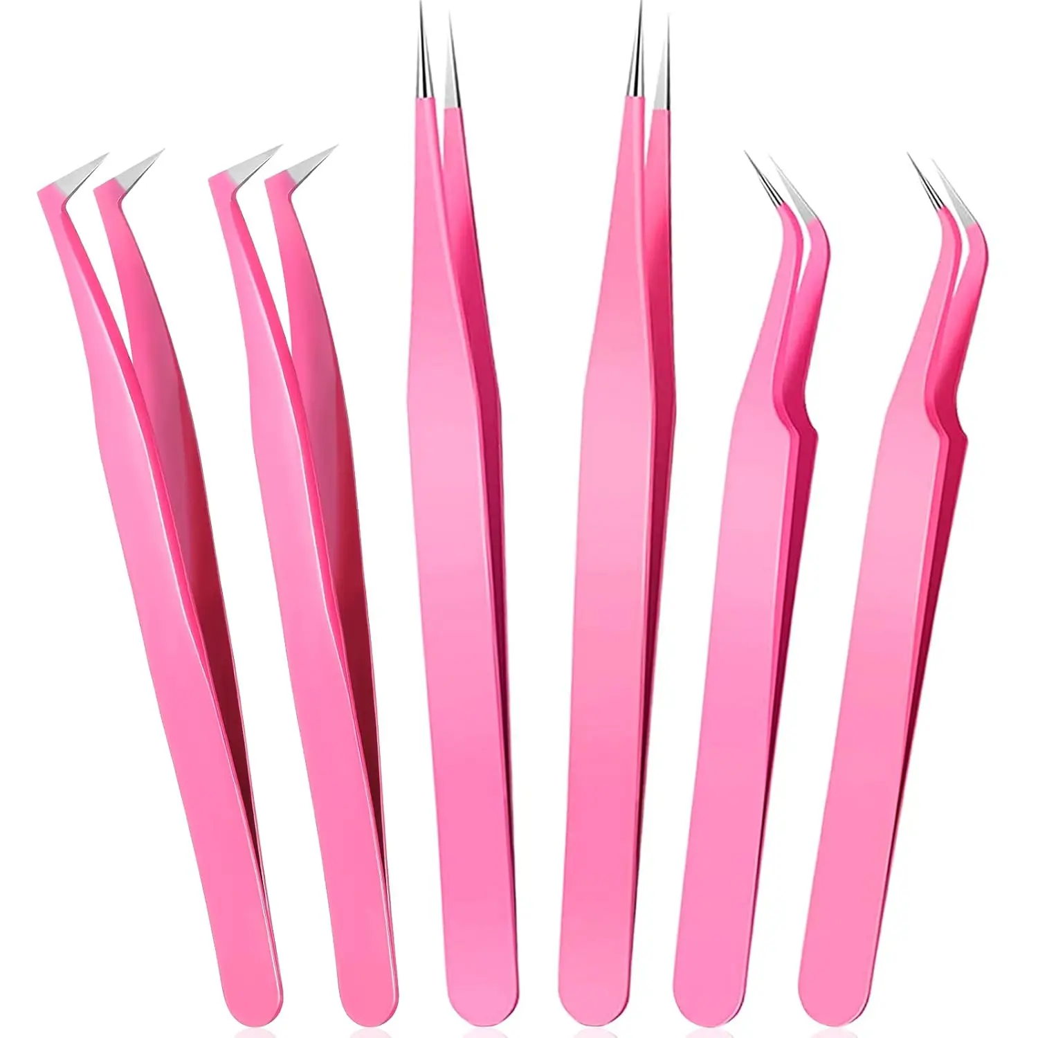 Makeup 6-Pack Stainless Steel Eyelash Extension Tweezers Set - Precision Straight & Curved Tools for Professional Artists & Beginners (Pink), Cosmetic, Lash Tweezers, Cruelty Free