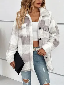 [Plus Size] Plaid Print Button Front Fuzzy Jacket, Casual Long Sleeve Collared Pocket Outerwear for Fall & Winter, Women's Christmas and New Year Clothes for Daily Wear