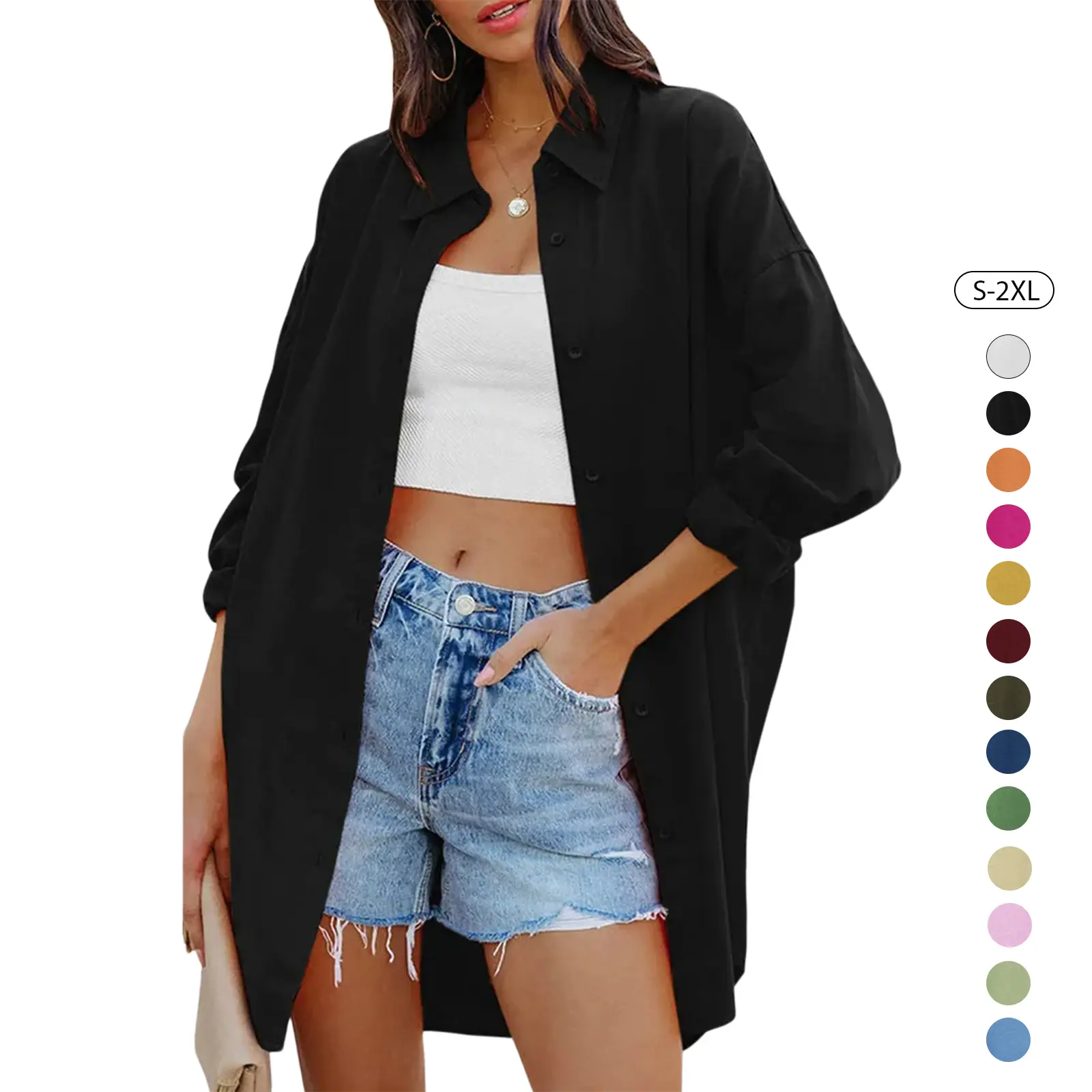 Tankaneo Women's Oversized Button-Down Cardigan Blouse, Lady's Basic Elegant Soft Long-Sleeve Solid Lapel Top with Pockets
