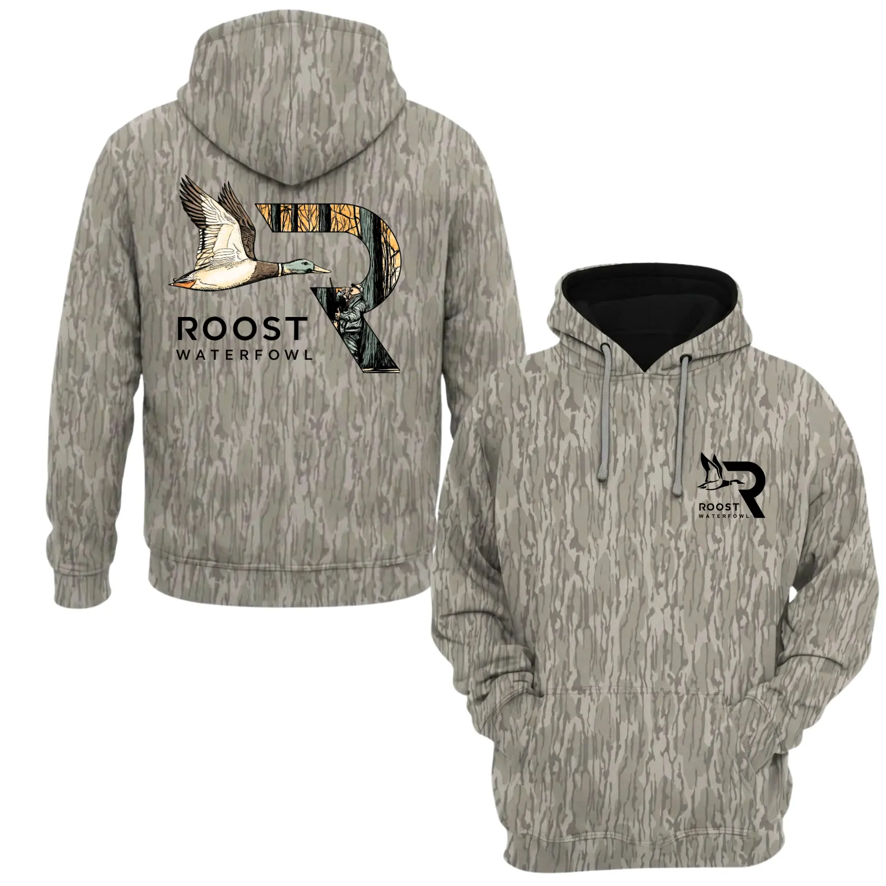 Roost Waterfowl Camo Hoodie, Flying Mallard Duck Graphic Pullover Sweatshirt, Front Back Print Waterfowl Hunting Hoodie for Men