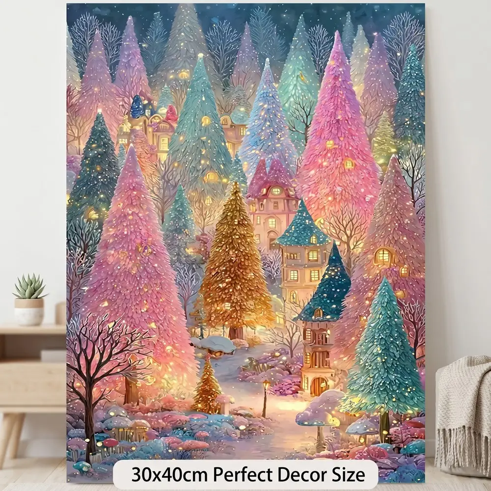 5D Diamond Painting Kit, Magic Winter Forest Colorful Tree House Warm Light Scene, Round Acrylic Diamonds, Diamond Pattern Design, Fairy Tale DIY Art, Home Wall Decor, Ideal Gift