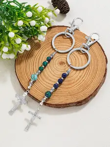 Vintage Jesus Cross Beaded Keychain, Natural Stone Religious Blessing Car Pendant, Retro Design, Perfect Gift for Faithful Followers