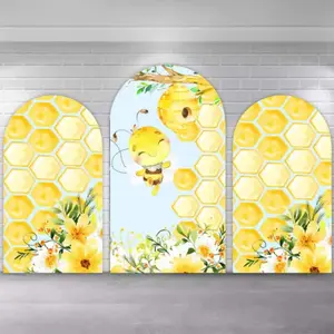 Sweet Bee Day Arch Covers Stretchy Backdrop, Yellow Honeycomb Flower Design, Perfect for Girls Newborn Baby Shower 1st Birthday Party Photo Backdrop