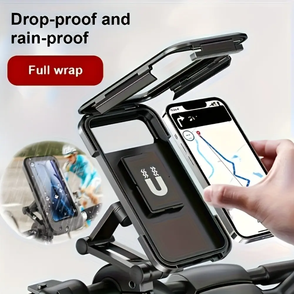 Phone Holder, Rainproof Bicycle, Motorcycle and Motorbike Phone Holder - Includes Small Hooks | with Screen Cover, ABS Material, Magnetic Design, Telescopic, Rainproof Bicycle and Electric Bike Navigation Holder, Motorcycle Accessories