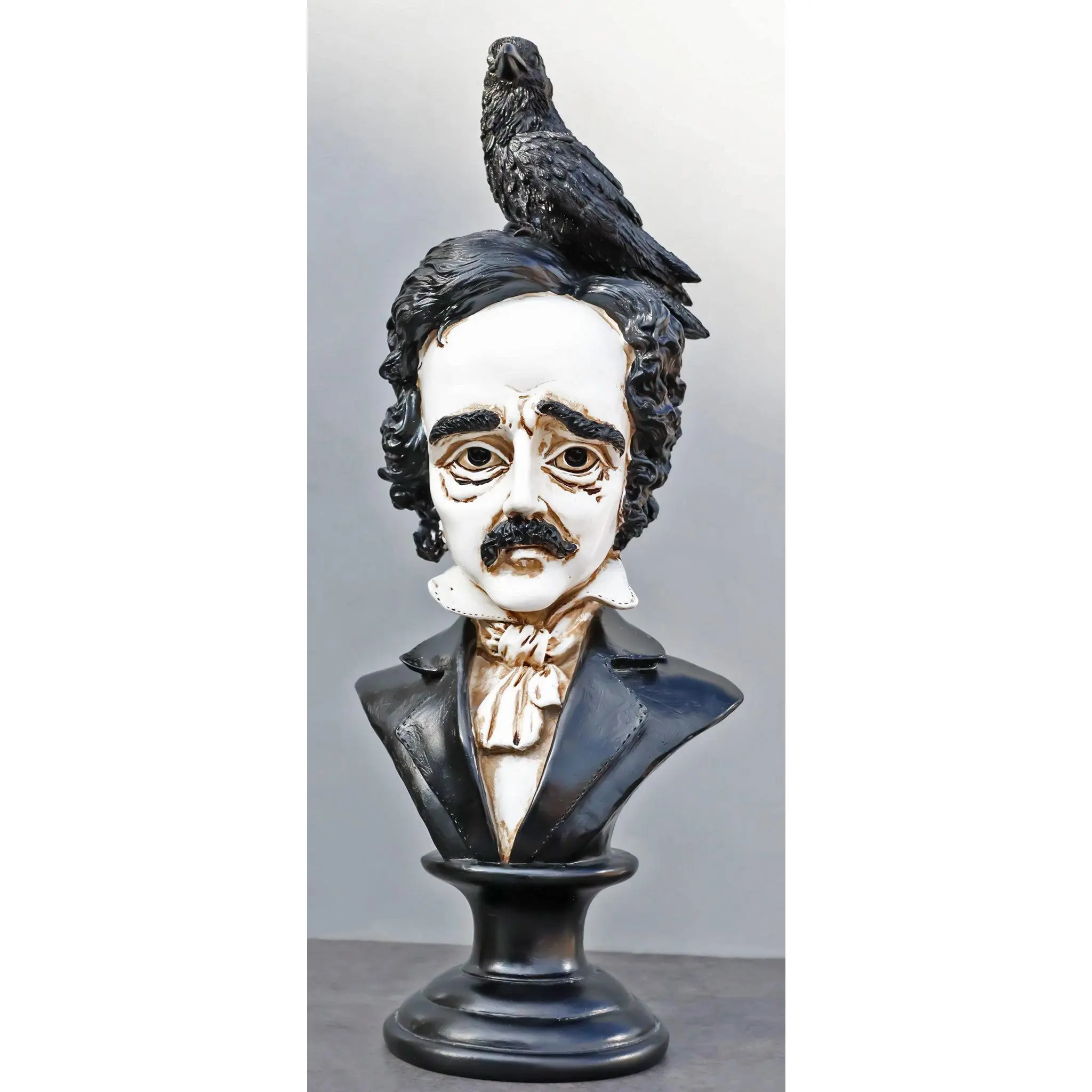 Gothic Day of The Dead Edgar Allan Poe Bust Decor, 15.5" Tall 5" Deep 6.25" Wide Sculpture With Quoth The Raven Crow Figurine, Handmade