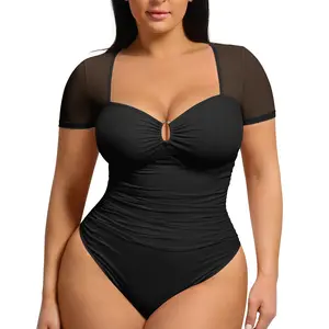 FeelinGirl Women Short Sleeve Bodysuit Tummy Control Shapewear Mesh Ruched One Piece Leotard Shirts Going Out Tops