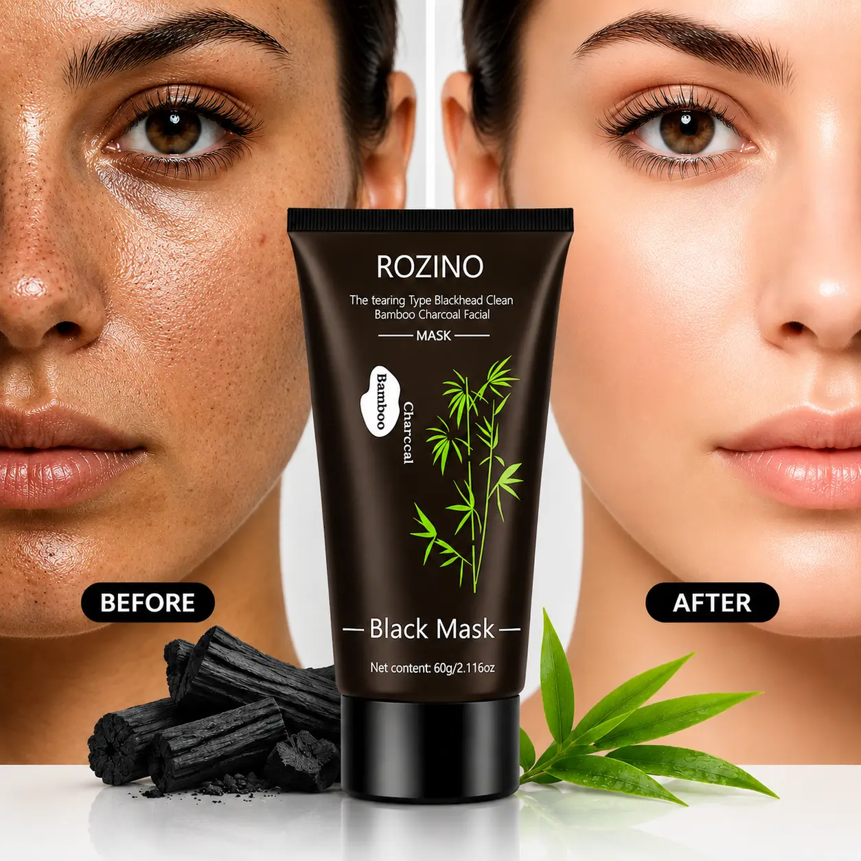 [2 Pack] ROZINO Bamboo Charcoal Peel Off Face Mask 60g - Deep Cleansing Blackhead Remover Mask, Pore Purifying Treatment with Charcoal Extract, Hydrating Skincare for Smooth & Fresh Looking Skin Daily Facial