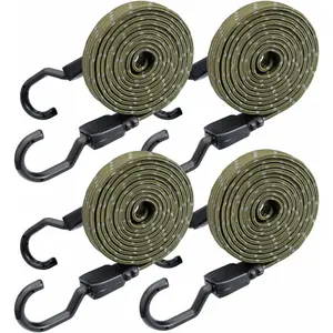 4 count Adjustable Bungee Cords with Hooks 77 Inch, Heavy Duty Flat Tarp Straps Elastic Bungee Cords for Cargo, Luggage, Camping, and Outdoor Use, Reflective Army Green