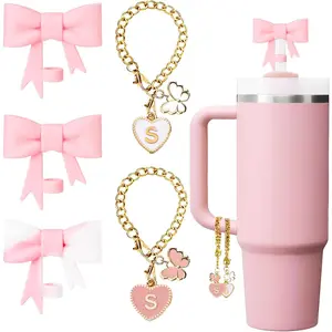 Pink Bow  Straw Topper- 3 count Cute Cup Bow Straw Cover  Cap 10mm with 2 count Initial Letter Charms Name Id Personalized Accessories for  40/30 Oz Tumbler Water Bottle Cups S