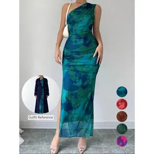 Women's Graphic Print Asymmetrical Neck  Dress, Elegant Sleeveless Split  Dress for Party Holiday Wedding Guest, Ladies Summer Clothes
