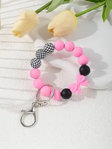 Checkered Pattern Silicone Bead Bracelet Keychain with Bow, Fashionable Women's Key Ring and Bag Charm, Trendy 2026 Gift for Her, Stylish Keychain