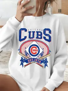 Women's Chicago Cubs Print Long Sleeve Printed Sweatshirt, Casual Loose Fit Round Neck Pullover, Sporty Fall & Winter Fashion Top