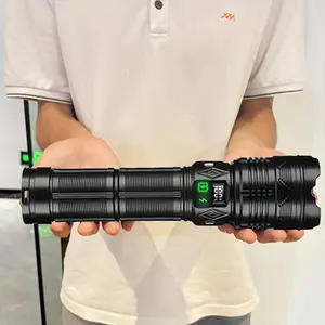 Ultra-bright LED tactical flashlight with 3600 mah battery - long range lighting, USB charging, mobile power function, digital display and taillight design with up to 10 light modes for emergency, camping and outdoor adventure.