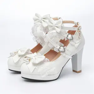 Lady Sweet Bow Lolita Lace Candy-like Shoes Chunky Heel Shoes Sandal Women High Wedge Girl Footwear Summer Stylish Decor White