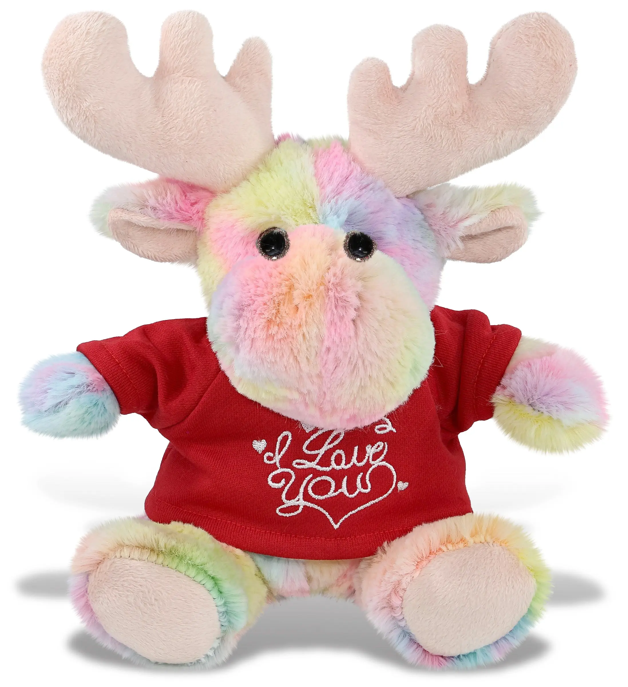 DOLLIBU 9" Rainbow Moose Plush Stuffed Toy - Super-Soft Polyester, 6l x 6.5w x 9h in, Red Shirt with "I Love You" Embroidery, Romantic Anniversary Gift for Adults, Dry Clean Only
