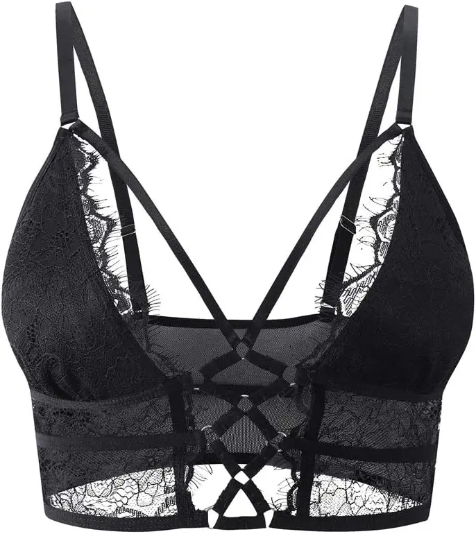 Buitifo Women's V-Neck Mesh Bralette - Eyelash Trim, Adjustable Straps, Light Padding, Short-Length Crisscross Crop Top Lingerie