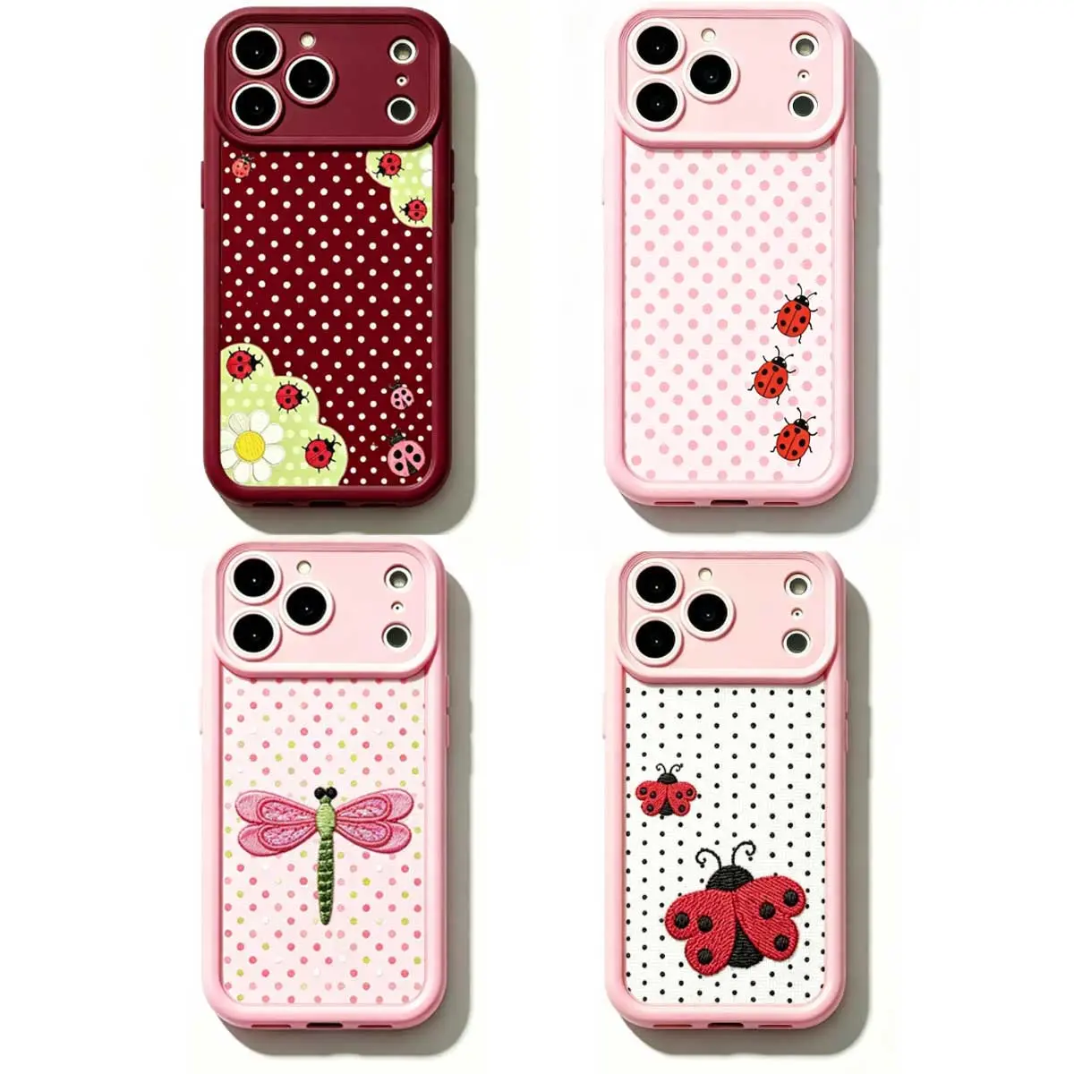 4 Styles Kawaii Cartoon Ladybug Dragonfly Floral Polka Dot Phone Case for iPhone 17 16 15 14 13 12 11 Pro Max Plus Air Shockproof Slim Soft TPU Full Camera Protection Cottagecore Gift for Women and Girls