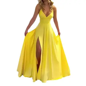 Women's Solid Color Sleeveless Spaghetti Strap Maxi Gown, Sexy High Slit Formal Wear for Ladies, Curvy Dresses Plus Size Evening Party Dress Womenswear