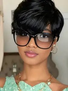 Short Straight Pixie Wigs Human Hair Silky Natural Full Machine Made For Women Daily Style