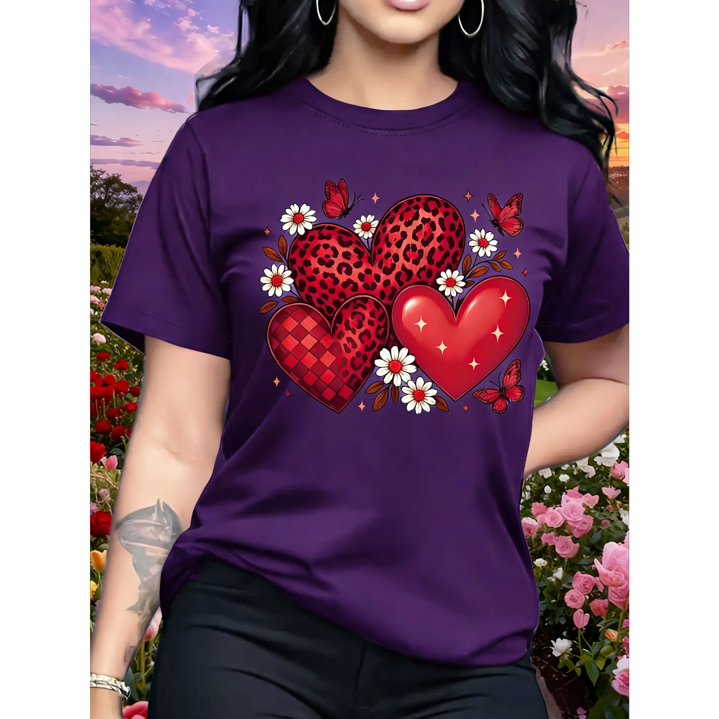 100% cotton romantic heart and flower pattern printed T-shirt, short-sleeved round-neck casual top for summer and spring, women's clothing, suitable for travel and vacation, birthday gift, gift for friends, gift for sisters