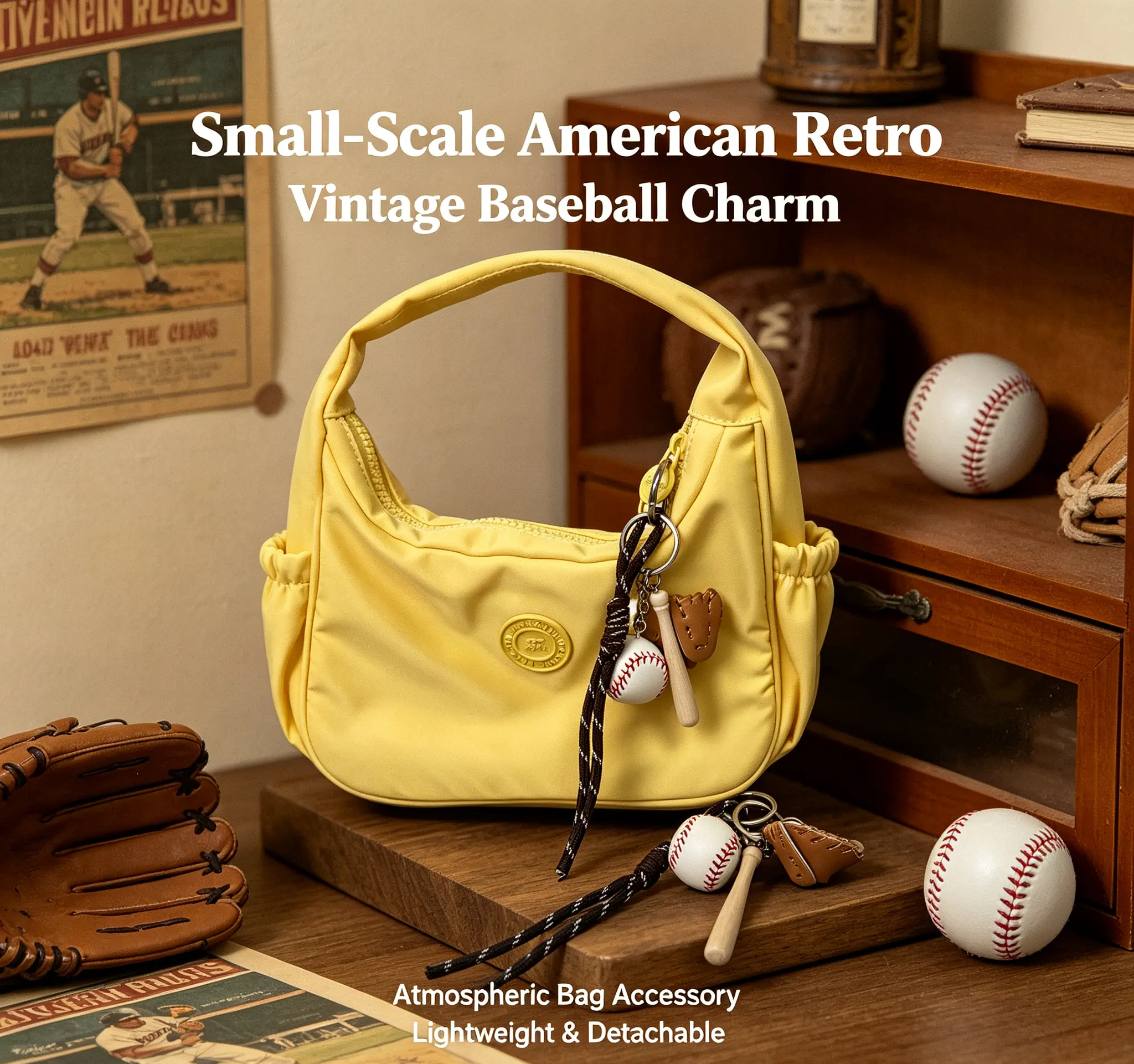 Mini Wooden American Retro Baseball Keychain Charm-Twillies Set with 1-Piece Pu Leather Bat Accessory, Dirt-Proof, Convenient to Hang Up, Casual Commute Collectible for Sports Enthusiasts, Split Ring, Solid